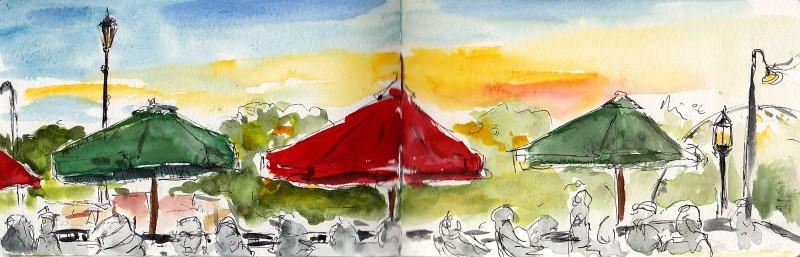 Sunset at the Contented Cow tavern, 3.5" x 11" ink and watercolor