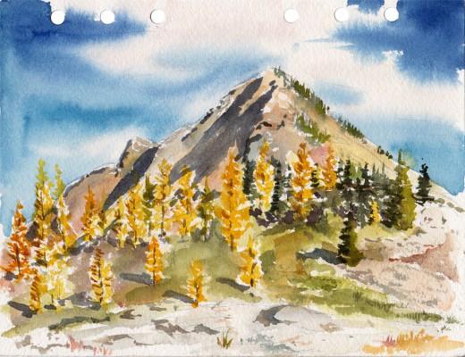 Tatie Peak with Larches, 7" x 5" watercolor sketch