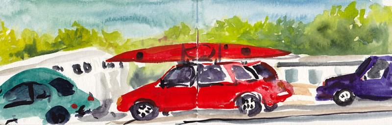 San Juan ferry line, 11.5" x 3.5" Moleskine watercolor sketch.
