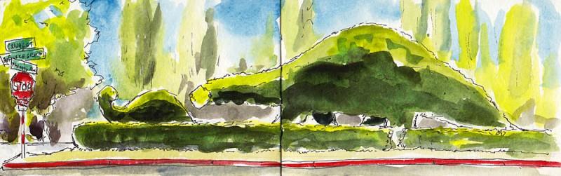 Dino-topiaries, Fremont, post-picnic lunch. 3.5" x 11" moleskine sketch