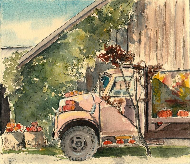 Gordon's Skagit Farm, Mt. Vernon. 7.5" x 6.5" ink and watercolor on Arches Cover cream