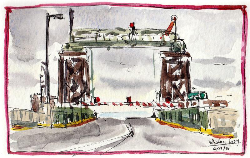 The Coupville, Whidbey Island ferry terminal leads to Port Townsend, 3.5" x 5.5" ink and watercolor