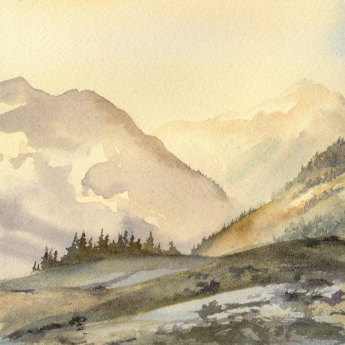 Alpine Sunrise, 5.5&Prime; x 5.5&Prime; watercolor