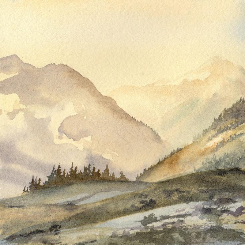 Alpine sunrise, 5.5" x 5.5" watercolor
