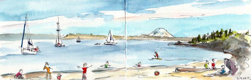 Fort Worden Beach, 3.5&Prime; x 11&Prime; ink and watercolor sketch