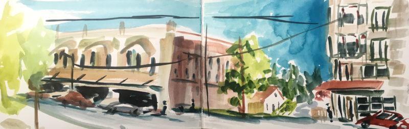 Lawrence and Tyler Street, 5.5&Prime; x 17&Prime; watercolor in Stillman & Birn Beta sketchbook