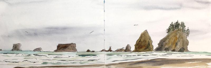 Second Beach, 5.5&Prime; x 17&Prime; ink and watercolor in Stillman & Birn Beta sketchbook