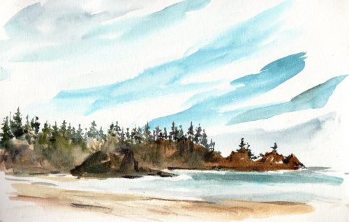 Southern end of Second Beach, 5.5&Prime; x 8.5&Prime; watercolor in Stillman & Birn Beta sketchbook