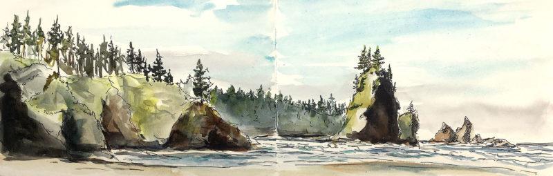 Second Beach Sea Stacks, 5.5&Prime; x 17&Prime; ink and watercolor in Stillman & Birn Beta Sketchbook