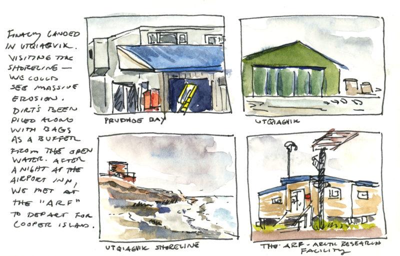Arriving in Utqiagvik, 3.5&Prime; x 5.5&Prime; ink and watercolor sketches