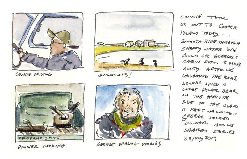 Arriving on Cooper Island, 3.5&Prime; x 5&Prime; ink and watercolor sketches