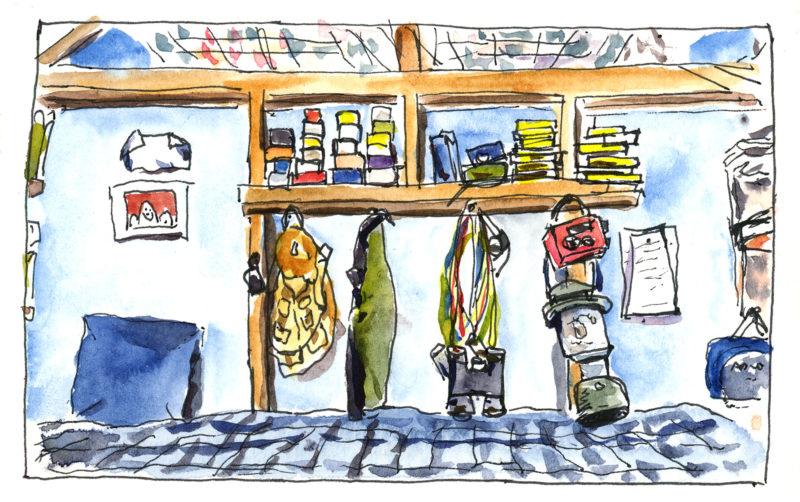 Inside the cabin, 3.5&Prime; x 5&Prime; ink and watercolor