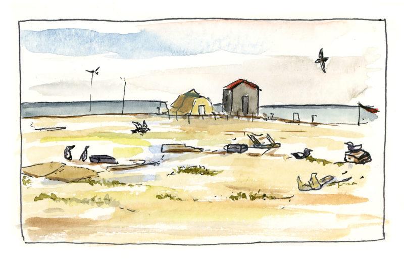 First sketch of camp, 3.5&Prime; x 5&Prime; ink and watercolor