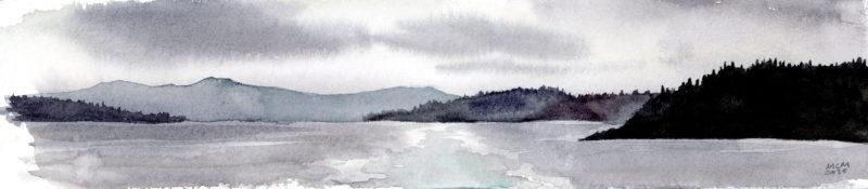 a purple/grey watercolor of islands, sky, and water.