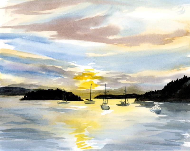 Watercolor painting of a sunset over a harbor with islands and sailboats.