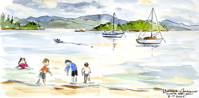 An ink and watercolor sketch of kids playing in a harbor with boats and islands in the background.