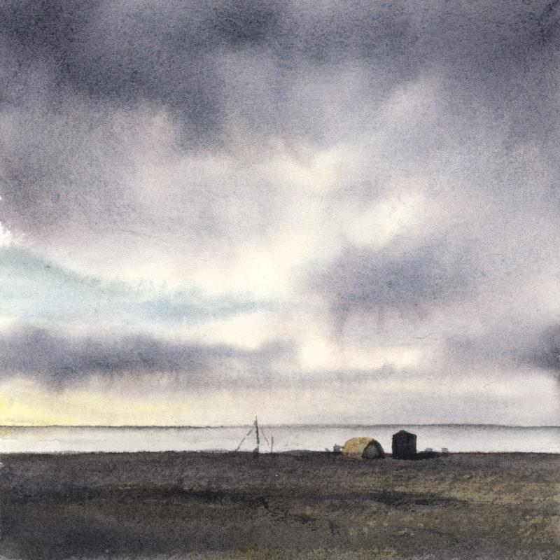 Cooper Island Camp, 5″ x 5″ watercolor study