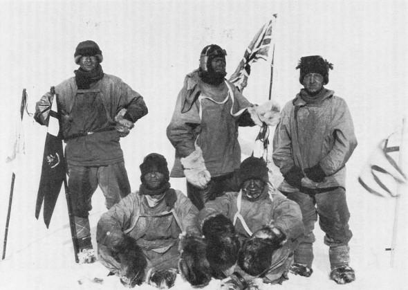 'At the South Pole. Standing: Edward Wilson, Robert Scott, Henry Bowers. Seated: Edgar Evans, Lawrence Oates (from Edward Wilson's 'Diary of the Terra Nova Expedition')