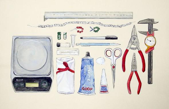 Featured on the show postcard: Ornithologist Toolkit, 17" x 11" ink, watercolor, and gouache