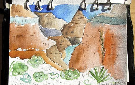 Canyon lands, 7&Prime; x 5&Prime; ink and watercolor field sketch by Kathy Darrow