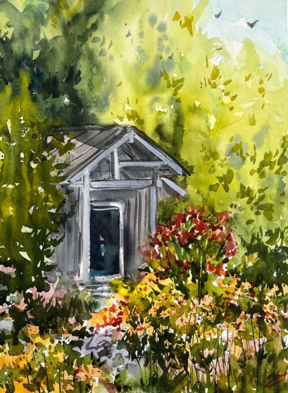 The Garden, 11″ x 15″ plein air watercolor by Che Lopez