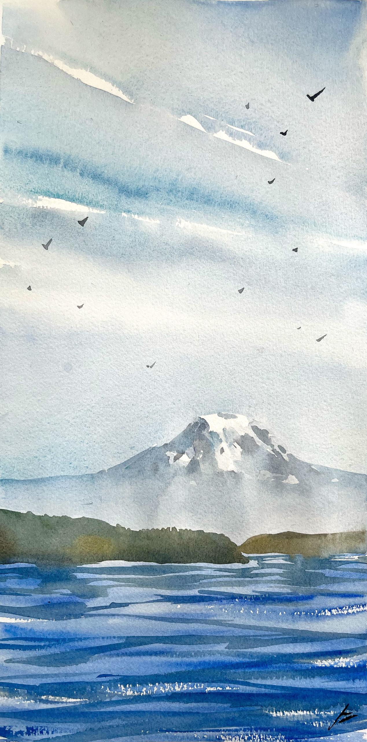 Mt. Rainier over the Salish Sea, plein air watercolor by Che Lopez