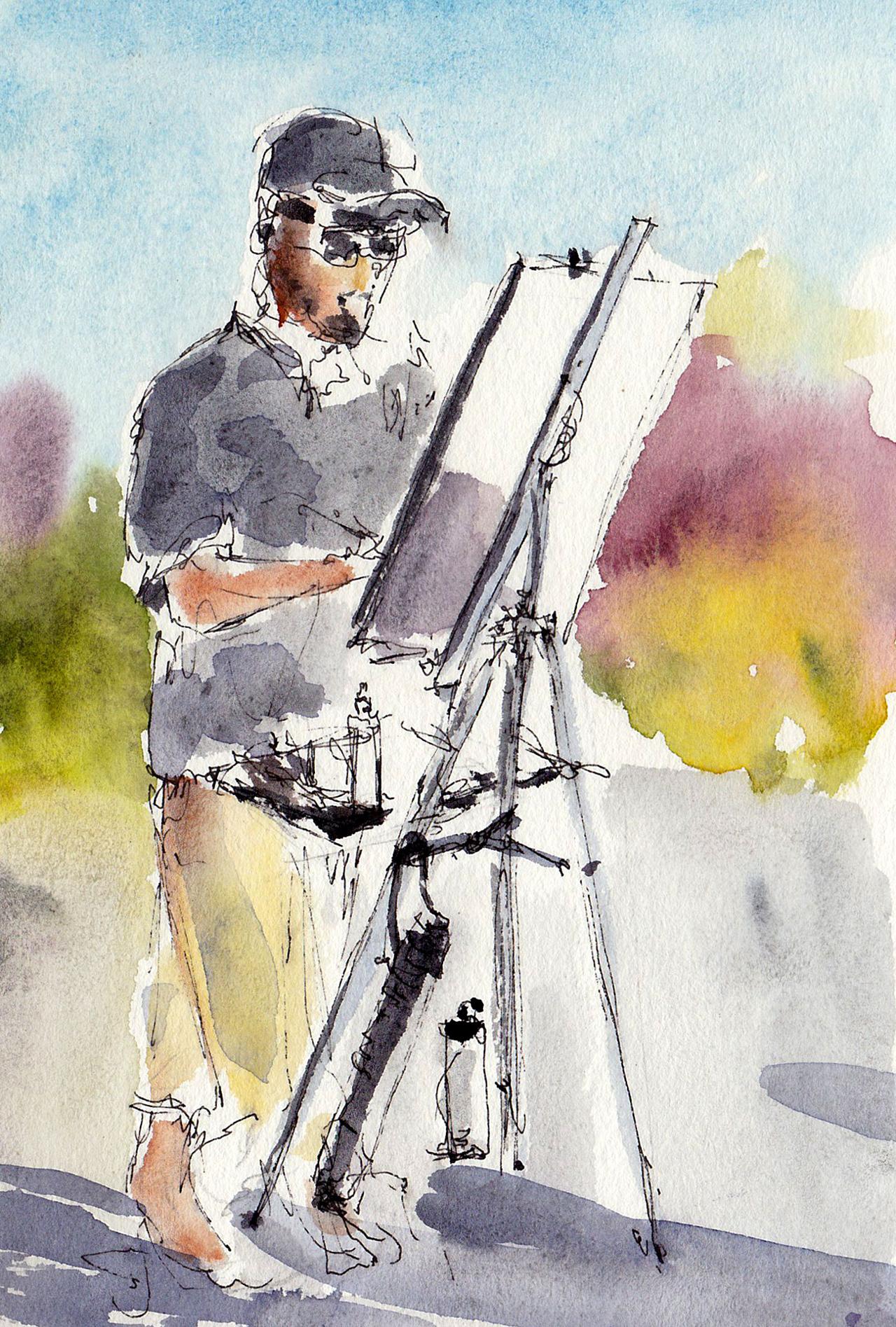 Che Lopez plein air painting, 5" x 7" ink and watercolor
