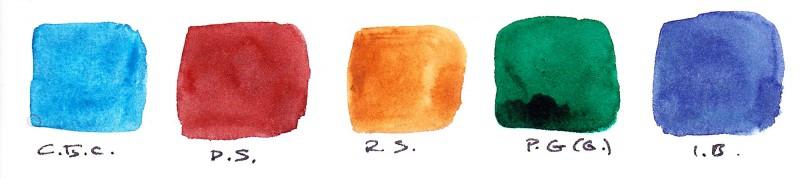Cerulean Blue Chromium, Deep Scarlet, Raw Sienna, Phthalo Green (green shade), and Indanthrone Blue. 