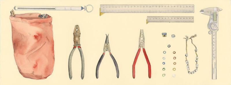 Banding Tools, 11″ x 30″ ink and watercolor field painting