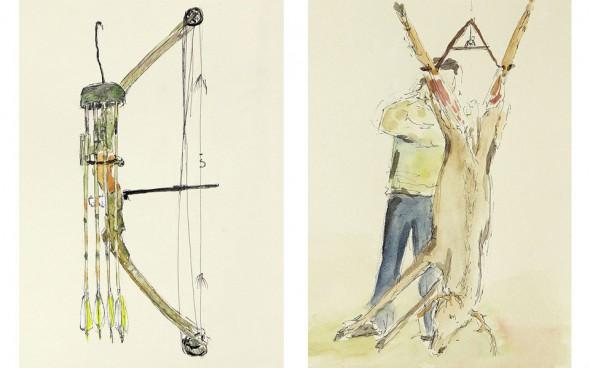 Compound bow & Skinning Deer, 5″ x 7″ field sketches
