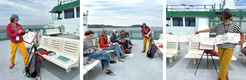 three photoso of a woman in yellow pants teaching a small group of people watercolor on the upper deck of a ferry