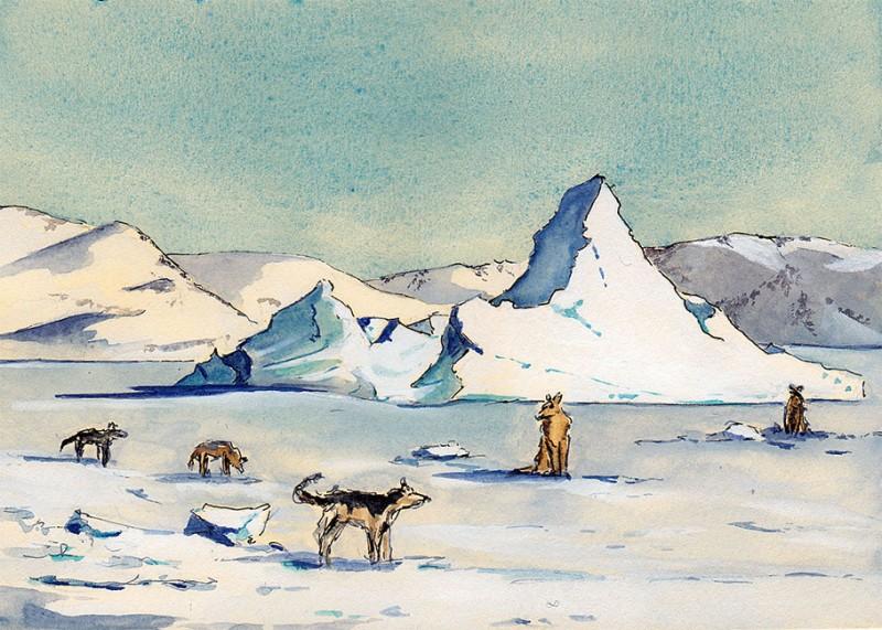 Sled dogs on fast ice, Kullorsuaq, 5" x 7" field sketch, April 5, 2013