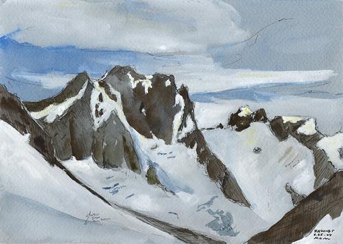 Mt. Redoubt, 8" x 6" ink, watercolor, and gouache field sketch 