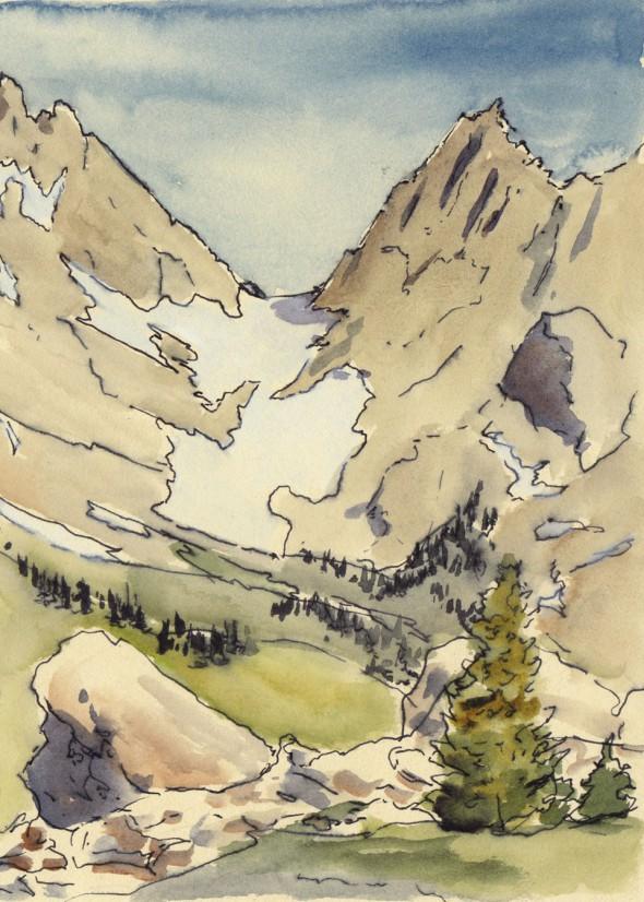 Pass to the West, upper Royal Basin, 5" x 7" field sketch