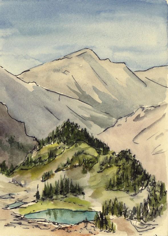 Looking down to upper Royal Valley basin, 5" x 7" field sketch