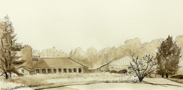 Cary Institute, 17″ x 8″ pen and walnut field sketch