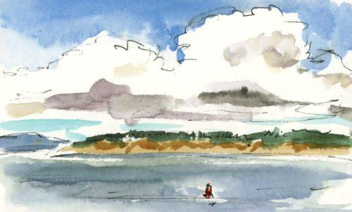 View from Fort Worden, 3″ x 5″ ink and watercolor