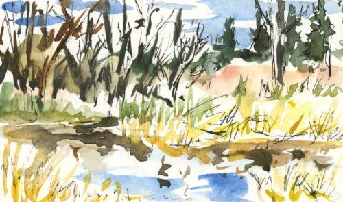 Froggy Bottoms, Port Townsend, 3″ x 5″ ink and watercolor