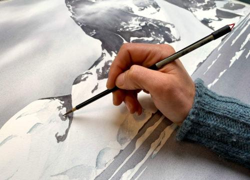 Working on a large, studio watercolor