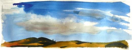 Capwright and Hills Across Valley, 14.5" x 5.25" watercolor sketch
