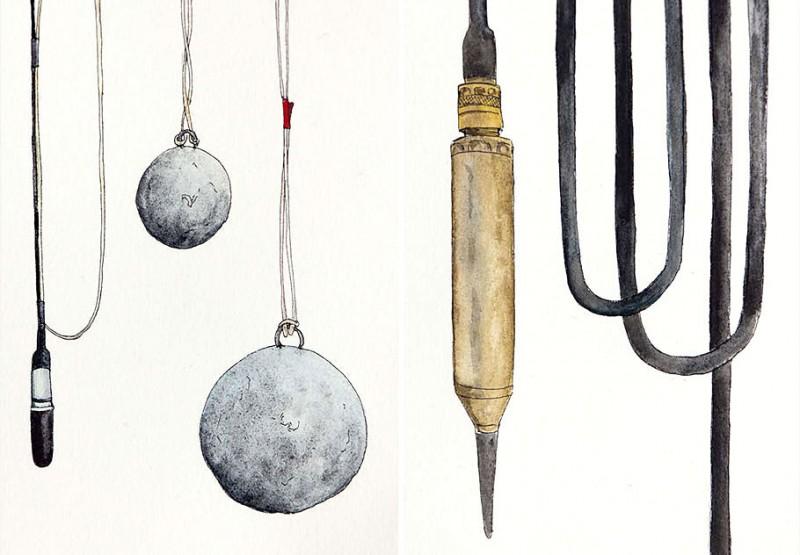 1 of 16 hydrophones anchored with lead weights, and single sensitive hydrophone, 7&rdquo; x 5&rdquo; field sketches