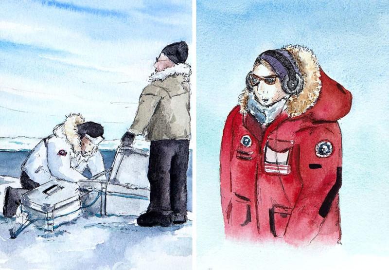 Jens activates his system and Marianne listens for nawhals, 7&rdquo; x 5&rdquo; field sketches