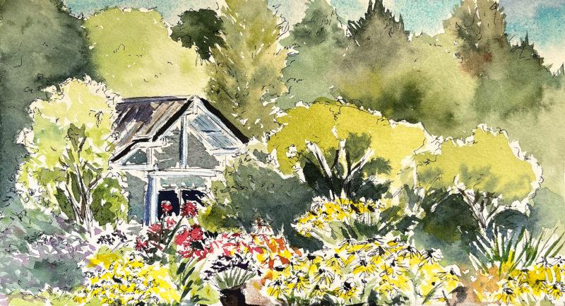 The Garden, 5.5″ x 10″ ink, watercolor, and gouache sketch