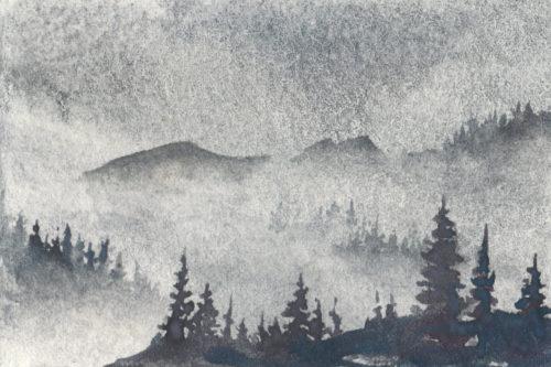 Mountain Mist study, 4.5″ x 3″ Greenleaf & Blueberry watercolors