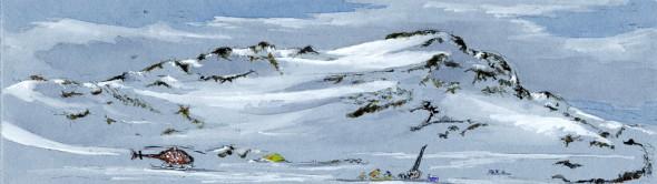 Moving Camp, diamond prospecting. 12″ x 3.5″ field watercolor, 2005