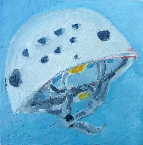 Climbing Helmet, 5" x 5" oil on panel