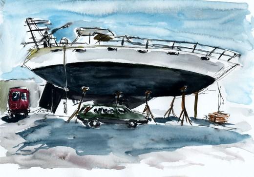 Ocean Watch, 11" x 8" ink & watercolor sketch