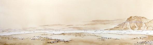 View to the South Southeast, Sand Island, NE Greenland. 30" x 9" ink and walnut wash, framed