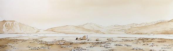 View to the South Southwest, Sand Island, NE Greenland. 30" x 9" ink and walnut wash