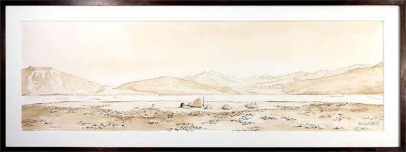 View to the South Southwest, Sand Island, NE Greenland. 30" x 9" ink and walnut wash, framed